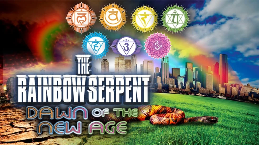 Key art for The Rainbow Serpent: Dawn of the New Age. Seven chakra symbols sit above the title, a rainbow arches over a city that meets green grass, and a coiled snake rests in the foreground.