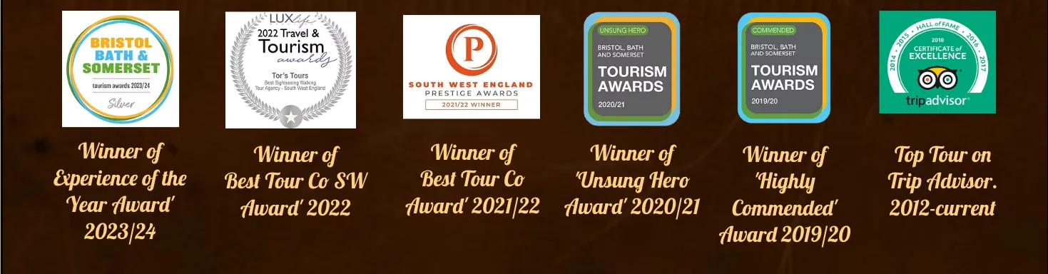 Six award badges from the Tor’s Tours website, including the Bristol, Bath and Somerset Tourism Awards, the South West England Prestige Awards and TripAdvisor’s Certificate of Excellence.