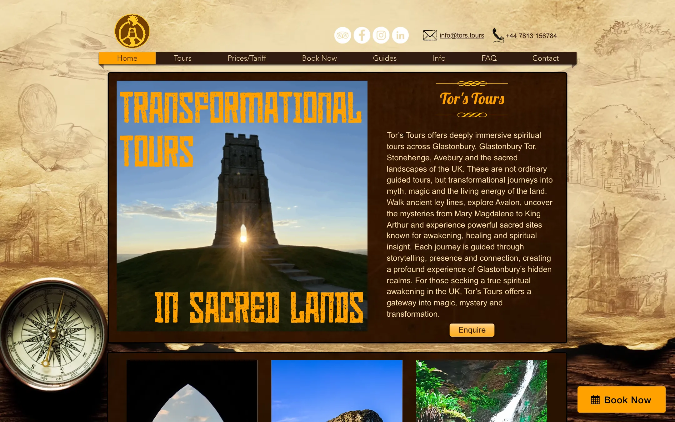 The Tor’s Tours website: Glastonbury Tor at dusk beneath the words Transformational Tours in Sacred Lands, beside an introduction to the tours, on an aged-parchment page with a compass.
